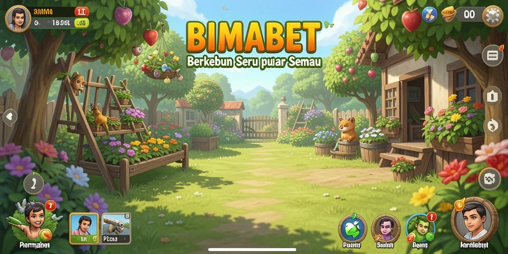 Screenshot gameplay BIMABET menampilkan ladang hijau subur dengan berbagai tanaman.