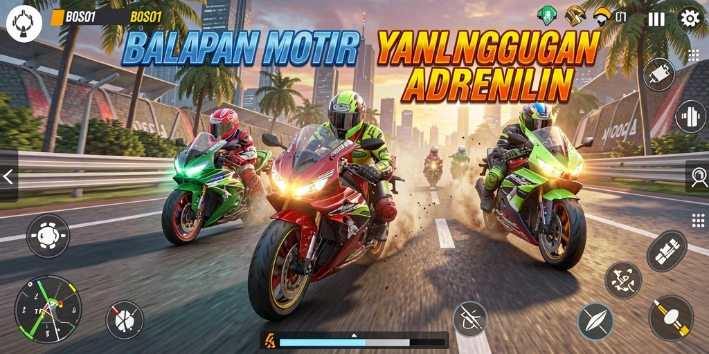 Screenshot gameplay BOS01 menampilkan aksi balapan motor yang mendebarkan.