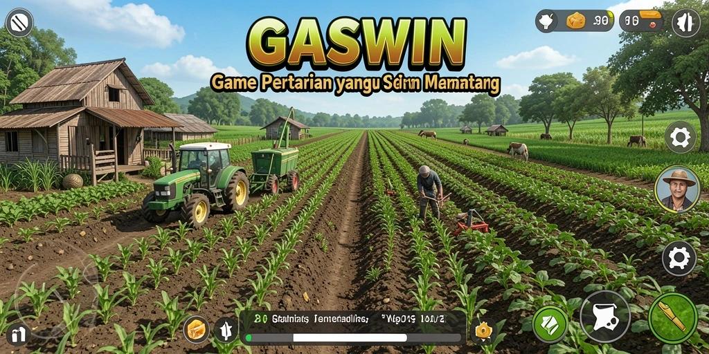 Screenshot utama GASWIN menampilkan aktivitas bertani yang menyenangkan.