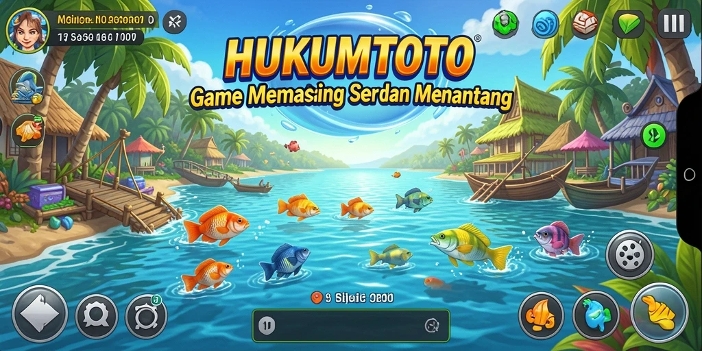 Tampilan gameplay HUKUMTOTO dengan suasana memancing yang menenangkan.