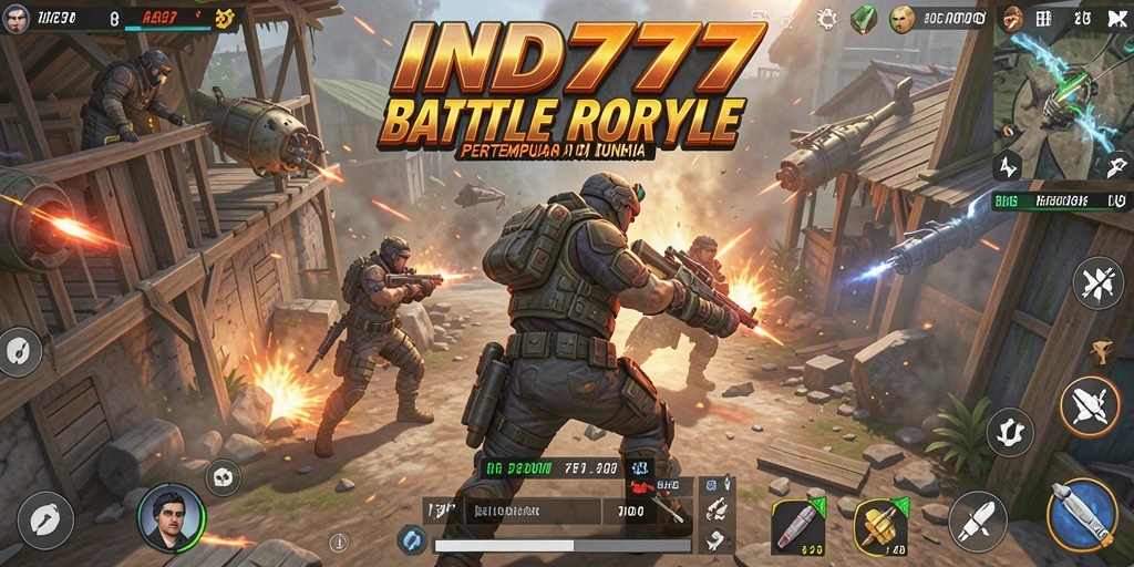 Screenshot IND777 menampilkan aksi pertempuran intens Battle Royale.