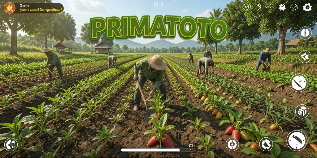 Tangkapan layar utama PRIMATOTO menampilkan kegiatan bertani yang menawan.
