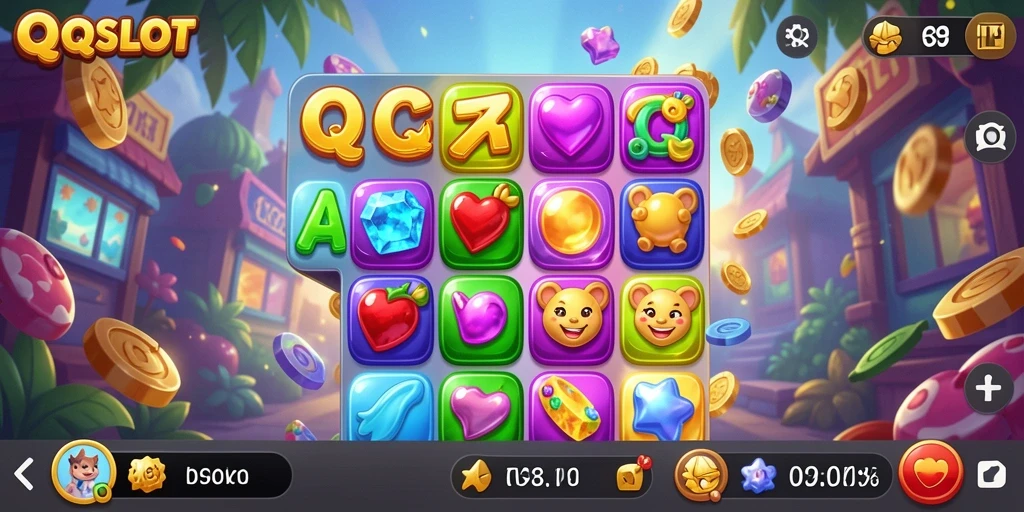 Screenshot gameplay QQSLOT menunjukkan keseruan dan warna-warni tantangan Match-3.