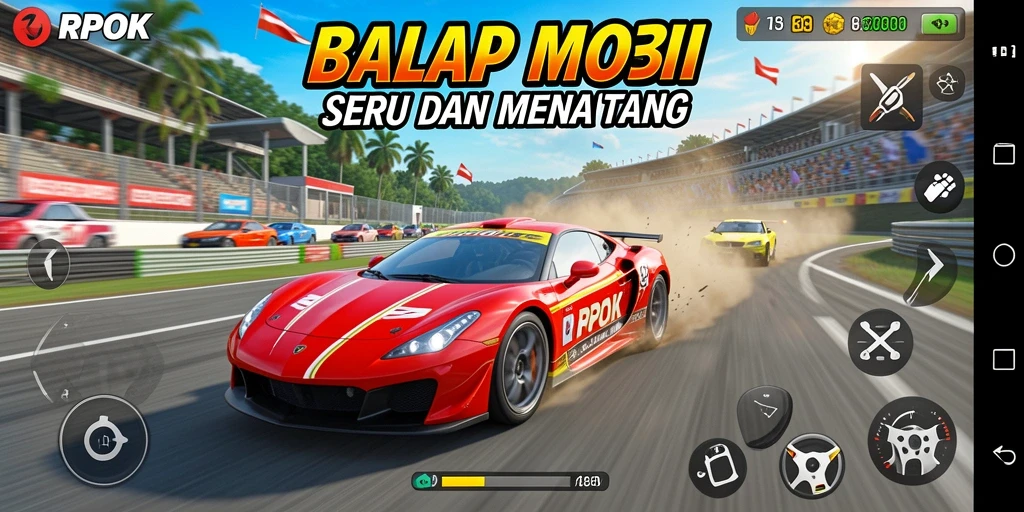 Gameplay RPOK menampilkan aksi balap mobil yang mendebarkan dan mendetail.