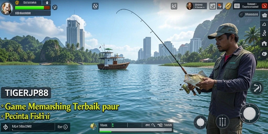 Gameplay TIGERJP88 dengan berbagai lokasi memancing dan ikan.